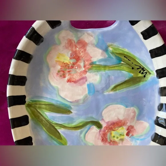 Handmade Ceramic Pink Flowers Design Tray w/ Handles 11”x9.5” Original - Picture 10 of 14